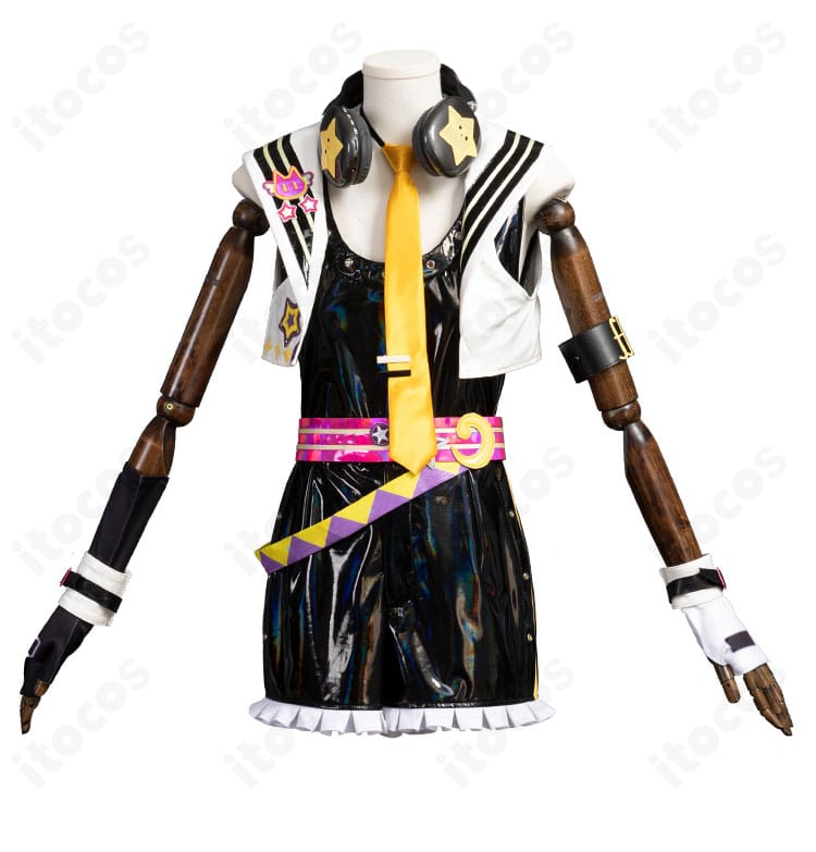 鏡音レン コラボ衣装の正面全体。上着・ネクタイ・ショートパンツ・ベルトの配色とバランスが分かる。