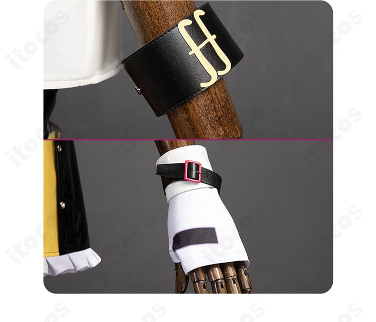 手袋と腕飾りのディテール。素材の光沢、留め具、配色のコントラストを強調。