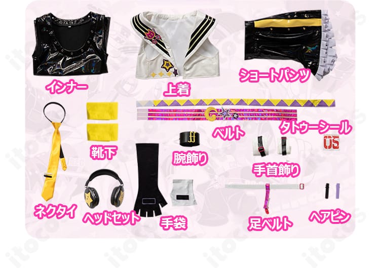 セット内容の一式展示。上着、インナー、ショートパンツ、小物類、タトゥーシールを並べて構成を説明。