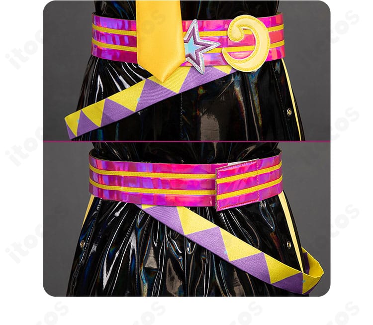 腰ベルト装飾のディテール。バックル形状、縫製、ステッチワークの質感を近接撮影。