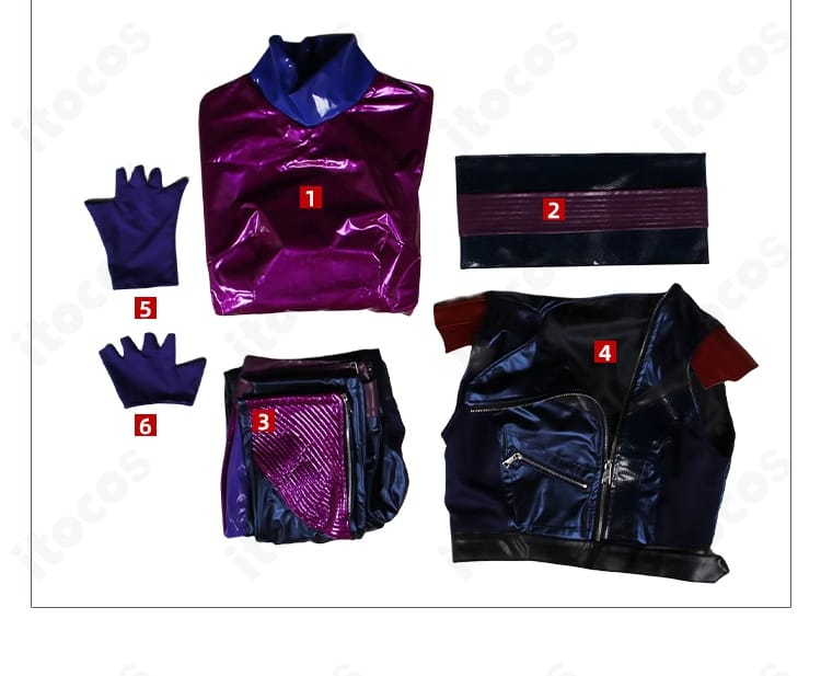 マル・バーサ コスプレ衣装一式のセット内容全景。インナー、ベスト、ズボン、ベルト、手袋を整然と配置。