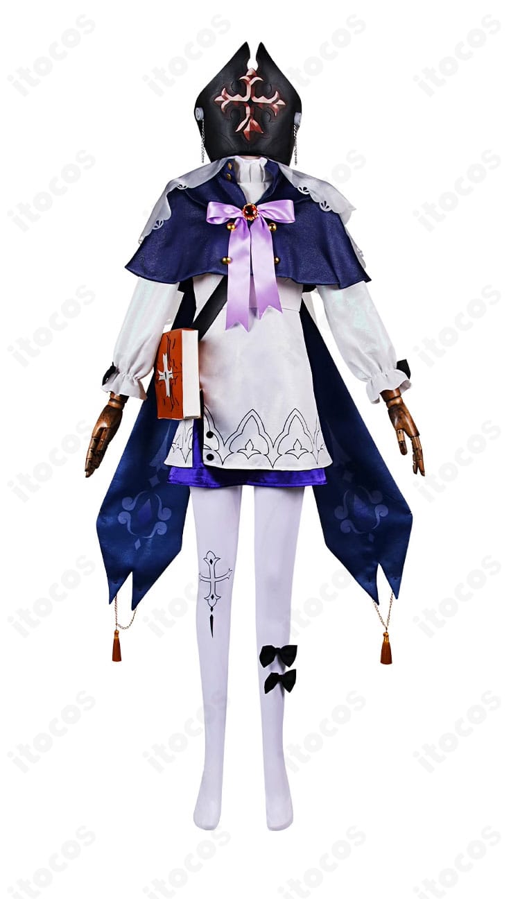 正面全身：スクライブ・デブラのコスプレ衣装一式（帽子・頭巾・コート・インナー・胸飾り・タイツ・ウエストポーチ）