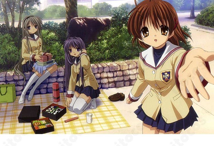 CLANNAD 古河渚の光坂高校女子冬制服コスプレ一式。キャラクター公式配色を再現したコートとスカートの全身イメージ。