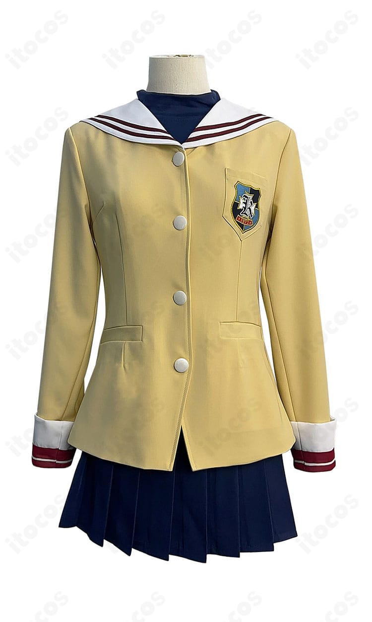古河渚コスプレ衣装の正面。門襟とフロントボタン、胸ポケット位置や丈感などディテールが分かるカット。