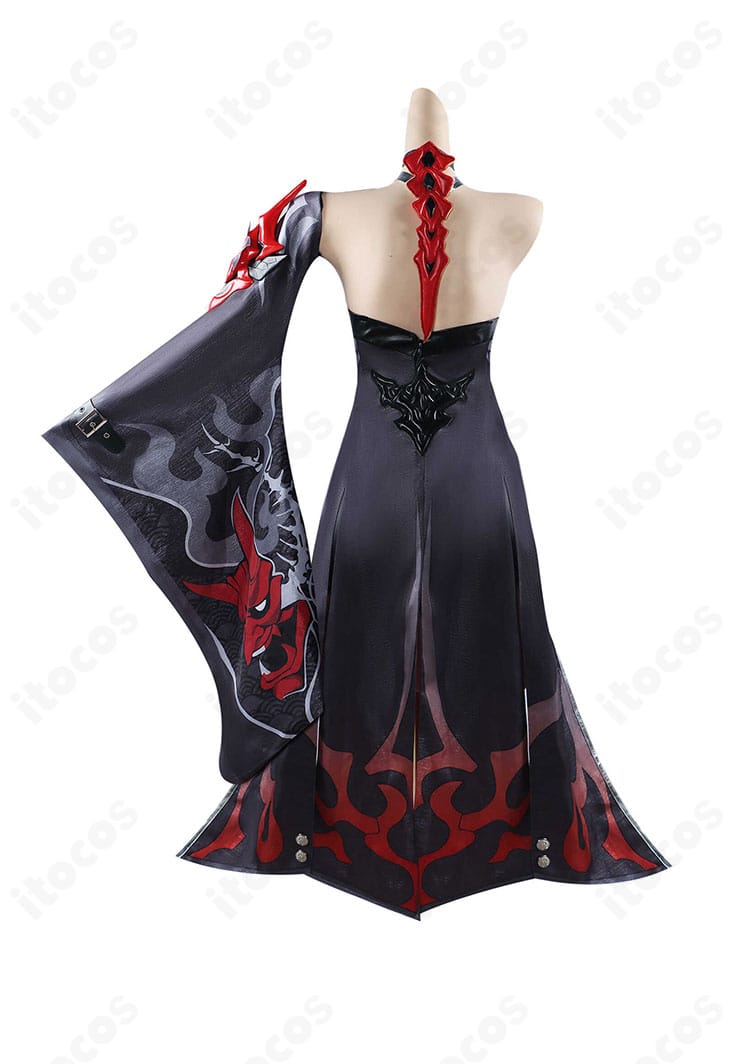 崩壊：スターレイル 黄泉 戦闘服コスプレの正面全体。黒×深紅の配色と刺繍ディテールが映えるフルセットの再現衣装。