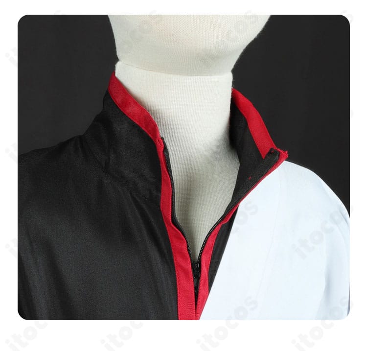 坂田銀時 コスプレ衣装 襟元装飾ディテール。上着の襟周りの縫製とパイピングの仕上げを示す画像。