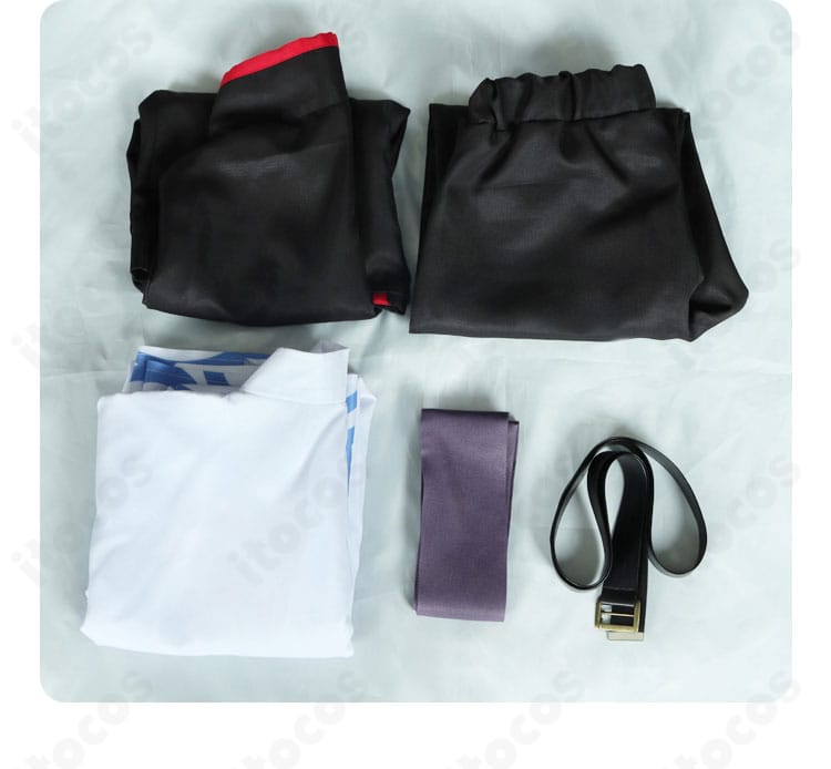 坂田銀時 コスプレ衣装 セット内容。上着・白着物・ズボン・コルセットベルト・ベルトの5点を並べた画像。