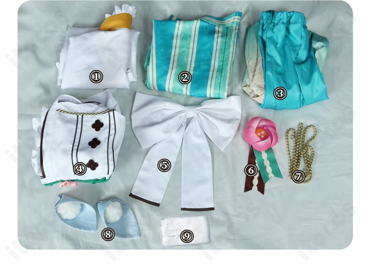 紫之創 恋こい喫茶コスプレ衣装のセット内容一覧（上着・インナー・ズボン・エプロン・蝶結び・胸飾り・チェーン・耳・靴下）