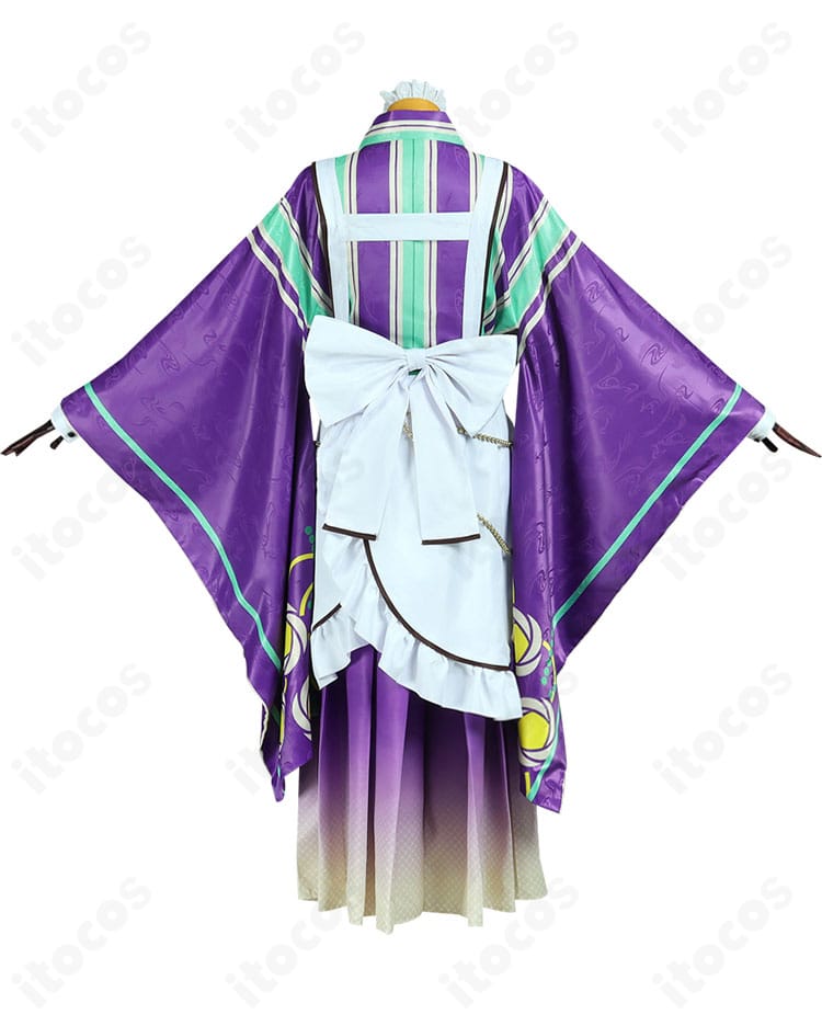 背面全体。大きな背部蝶結びがアクセントの喫茶店衣装