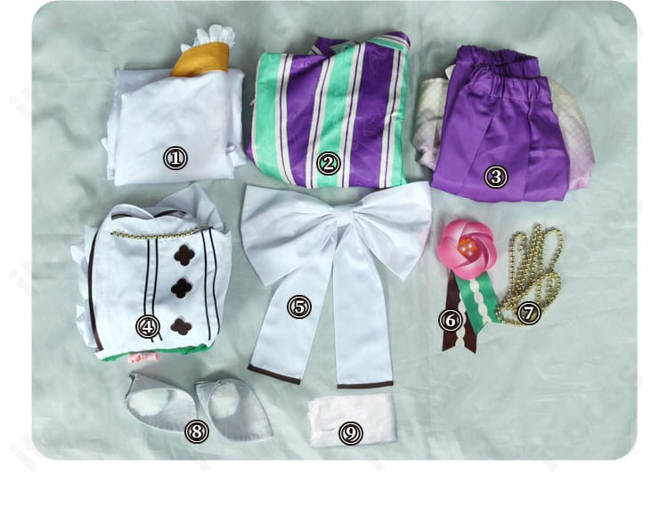 セット内容一覧。上着・インナー・ズボン・エプロン・蝶結び・胸飾り・チェーン・耳・靴下が揃う