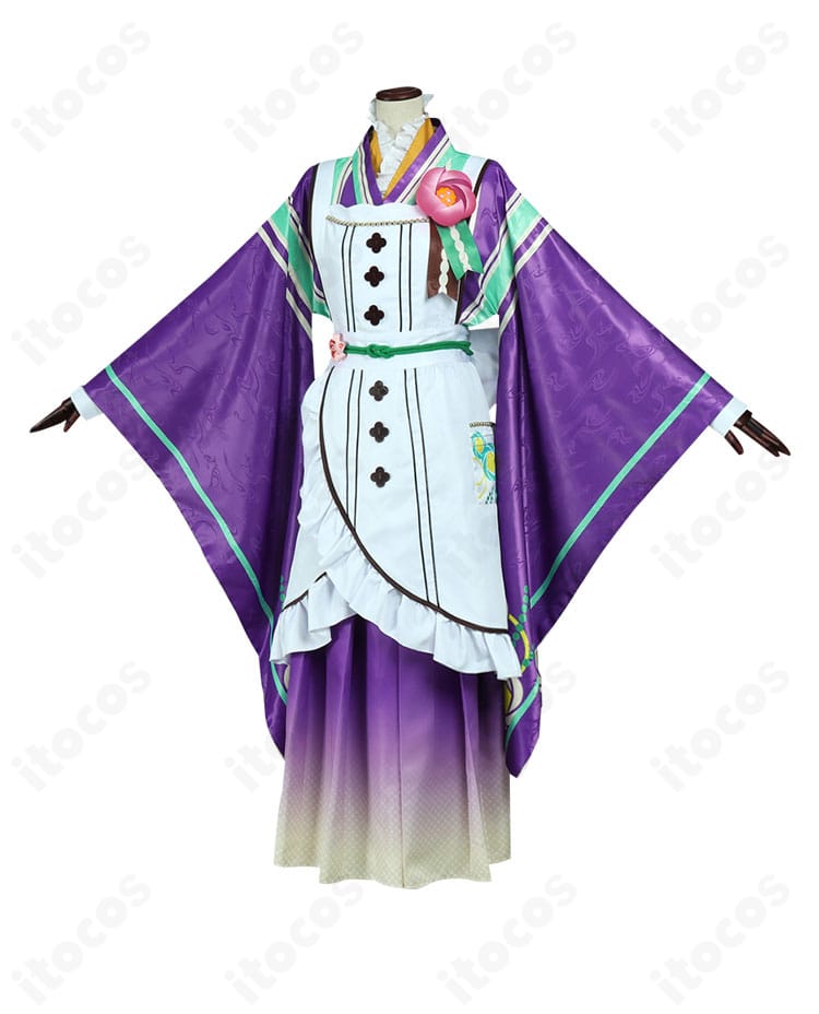 側面から見たカフェ制服。すっきりしたラインと特徴的な装飾が映るアングル