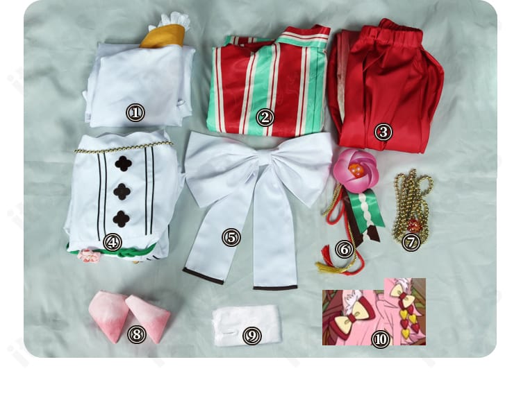 姫宮桃李 コスプレ衣装のセット内容一覧。上着・インナー・ズボン・エプロン・アクセ小物を並べた画像