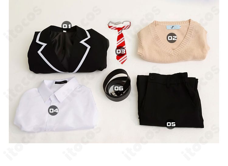 富樫勇太 コスプレ制服のセット内容一覧。コート・ベスト・ネクタイ・シャツ・ズボン・ベルトを一枚で確認可能。