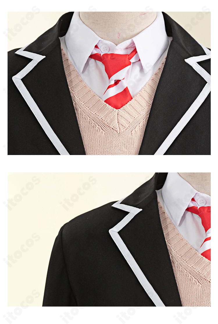 富樫勇太コスプレの襟元とネクタイ周りのディテール。均整の取れたステッチと装飾をクローズアップ。