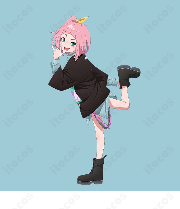 夜のクラゲは泳げない 渡瀬キウイの公式イメージ再現コスプレ衣装。ストリート感のあるコーデと髪飾りを含むセットが分かるキャラクター画像