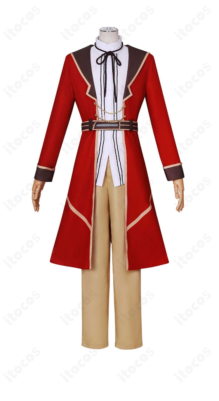 正面全身カット。悪役令嬢レベル99 パトリックの学園制服のシルエットと装飾位置を分かりやすく示した画像。