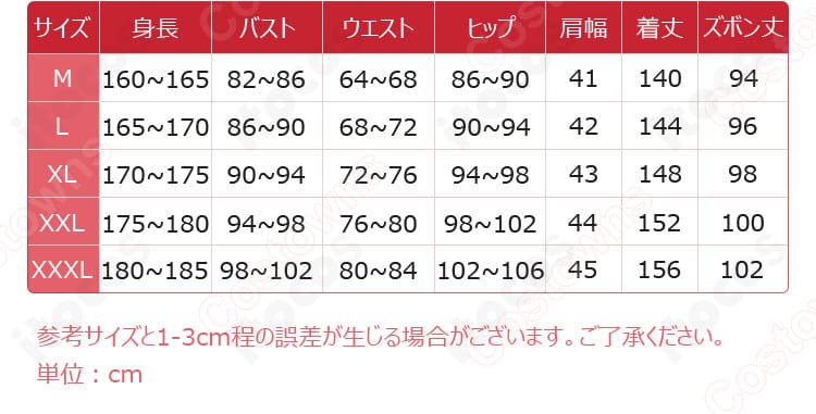 サイズ表と寸法対応表（M〜XXXL）を示すガイド画像