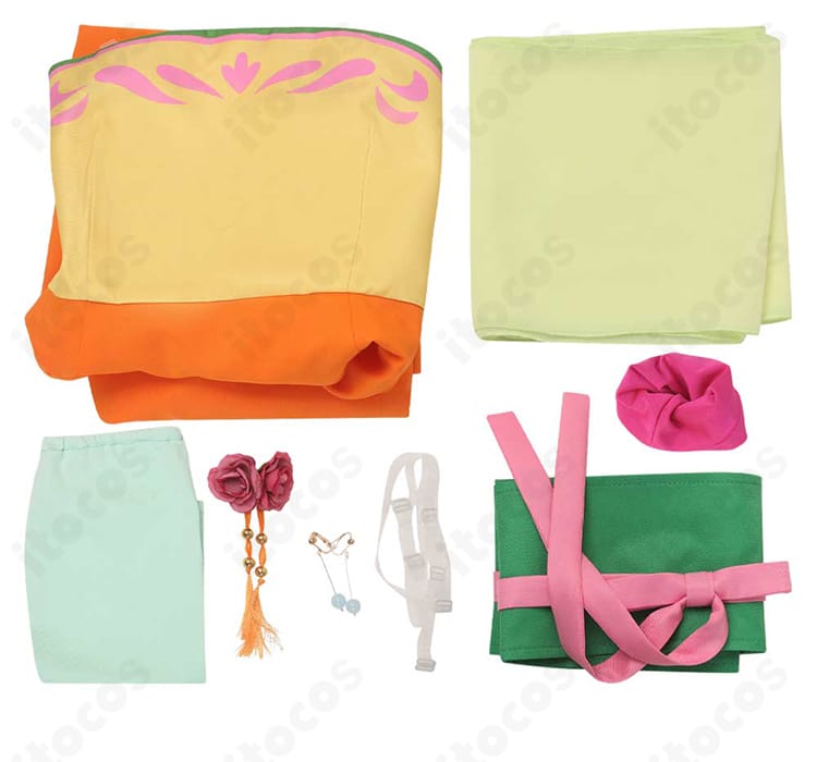 猫猫 宴会衣装コスプレのセット内容一覧。ワンピース、コルセット、袖、披帛、髪飾り、耳飾り、透明ストラップを並べて表示。