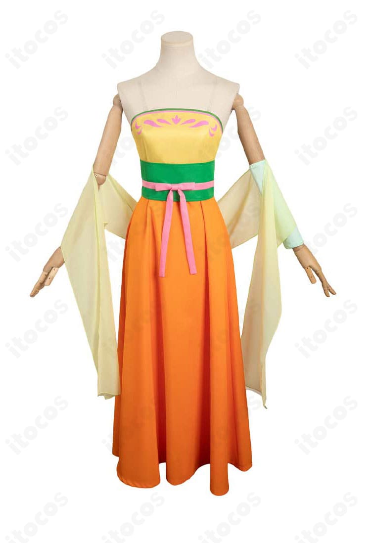 猫猫 宴会衣装コスプレの正面全身。披帛と長袖、コルセットベルトで華やかなシルエットが際立つ構成。