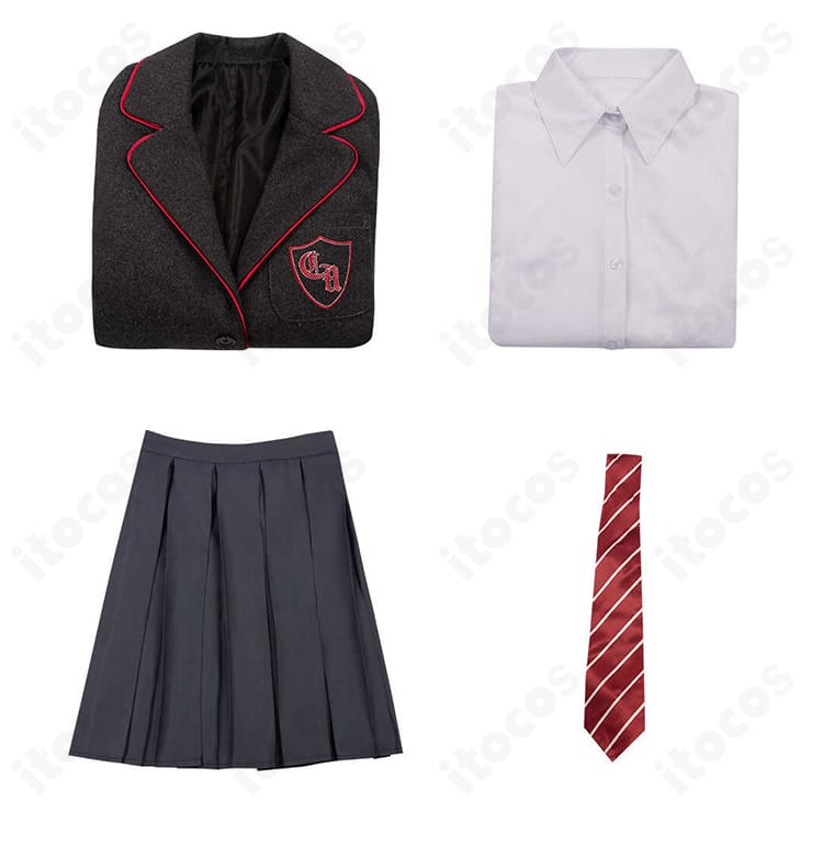 セット内容の一覧画像。コート、シャツ、スカート、ネクタイの4点セットであることが一目で伝わる構成。