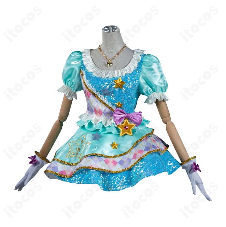 白鳥ひめ コスプレ衣装の側面写真。ウエストから裾へのパステルの流れるラインと立体的な腰飾りのシルエットを強調。