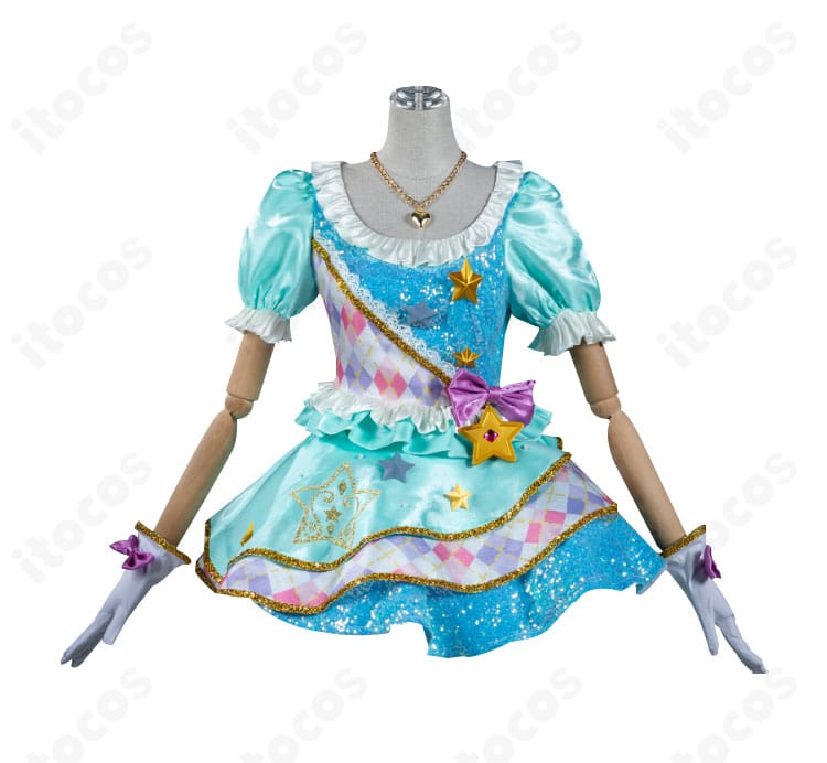 白鳥ひめ コスプレ衣装の正面写真。花柄刺繍と星飾り、パステル配色のドレスとネックレス・手袋の構成が分かる。