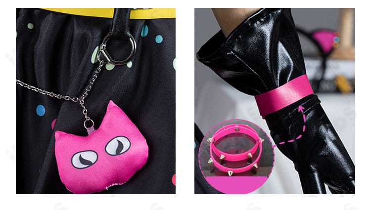 星宮いちご スイートデビル衣装の腕飾り・手袋・腰飾りの近接写真。素材と留め具の仕様が分かる構図。