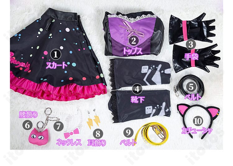アイカツオンパレード！ 星宮いちご スイートデビル衣装 セット内容の全体レイアウト。トップス、スカート、小物類を並べた確認画像。