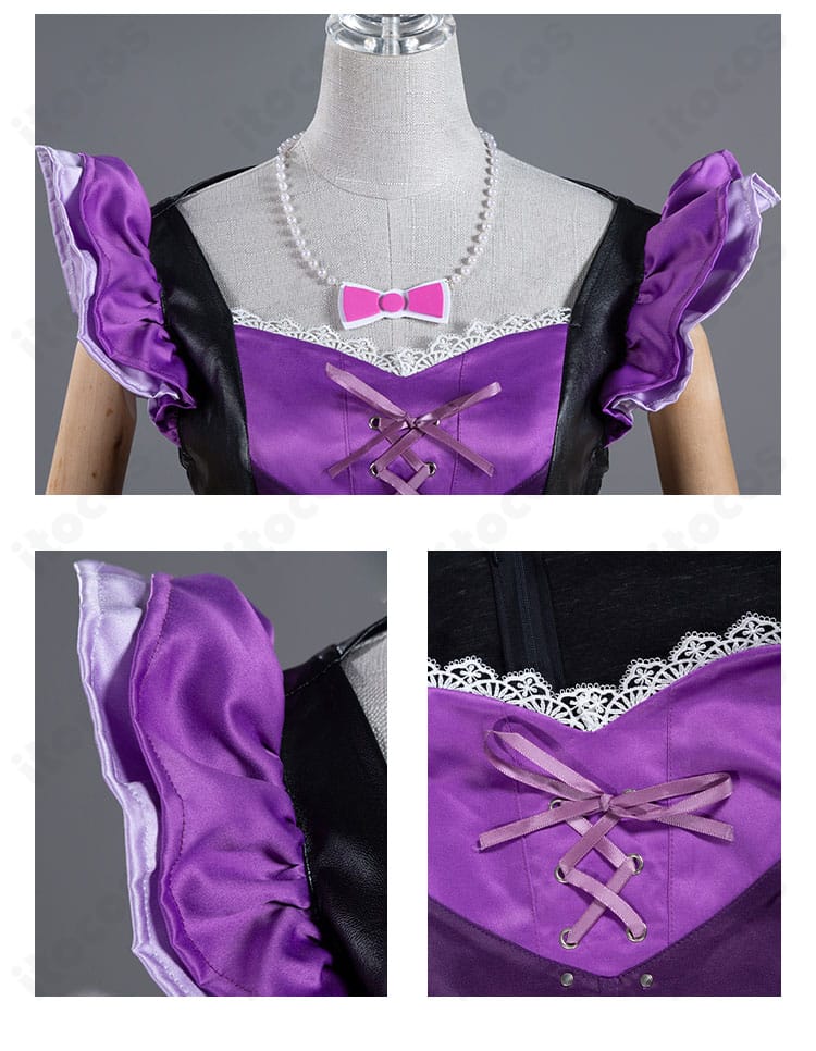 星宮いちご スイートデビル衣装の肩・袖・胸前装飾アップ。レース、ボタン、モチーフの質感が分かるディテール。