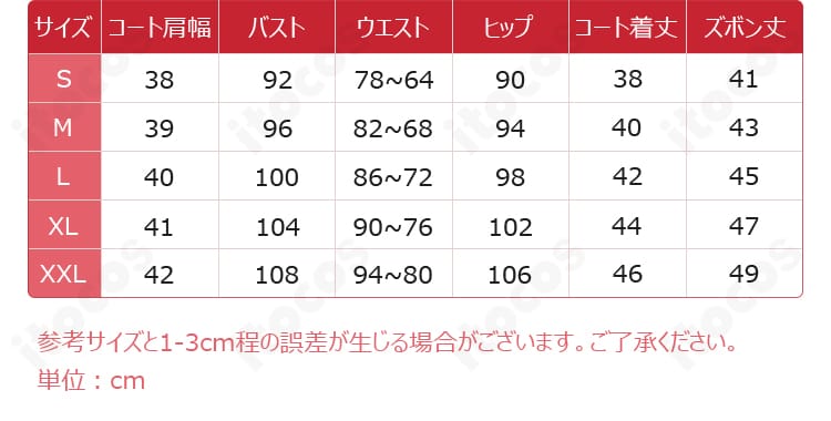 レオナルド・ライト・Jr コスプレ衣装のサイズガイド図。S〜XLとオーダーメイドの計測ポイント