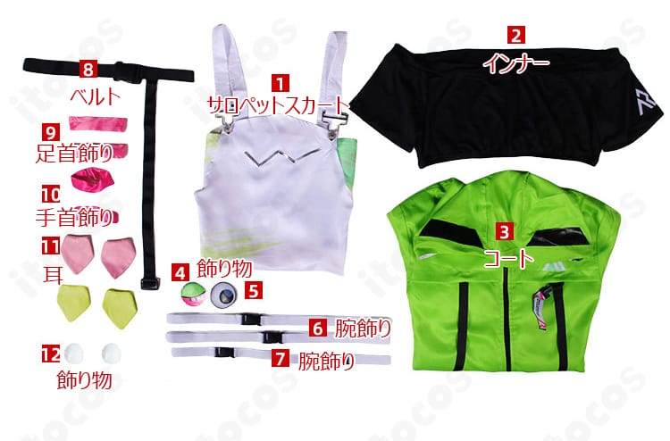 アキ・ローゼンタール コスプレ衣装セット内容一覧。サロペット・インナー・コート・アクセ類