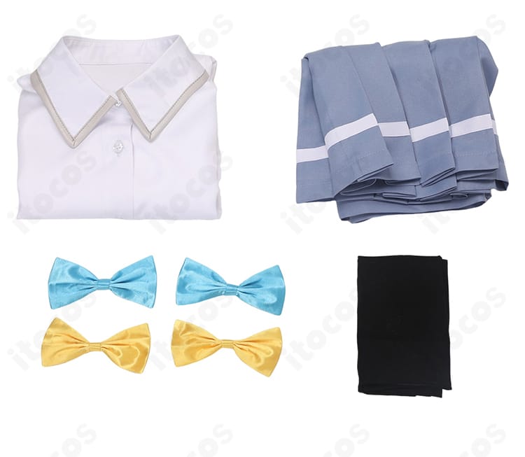 セット内容紹介。シャツ・スカート・靴下・蝶結びの4点が揃った八奈見杏菜コスプレ衣装の同梱物。