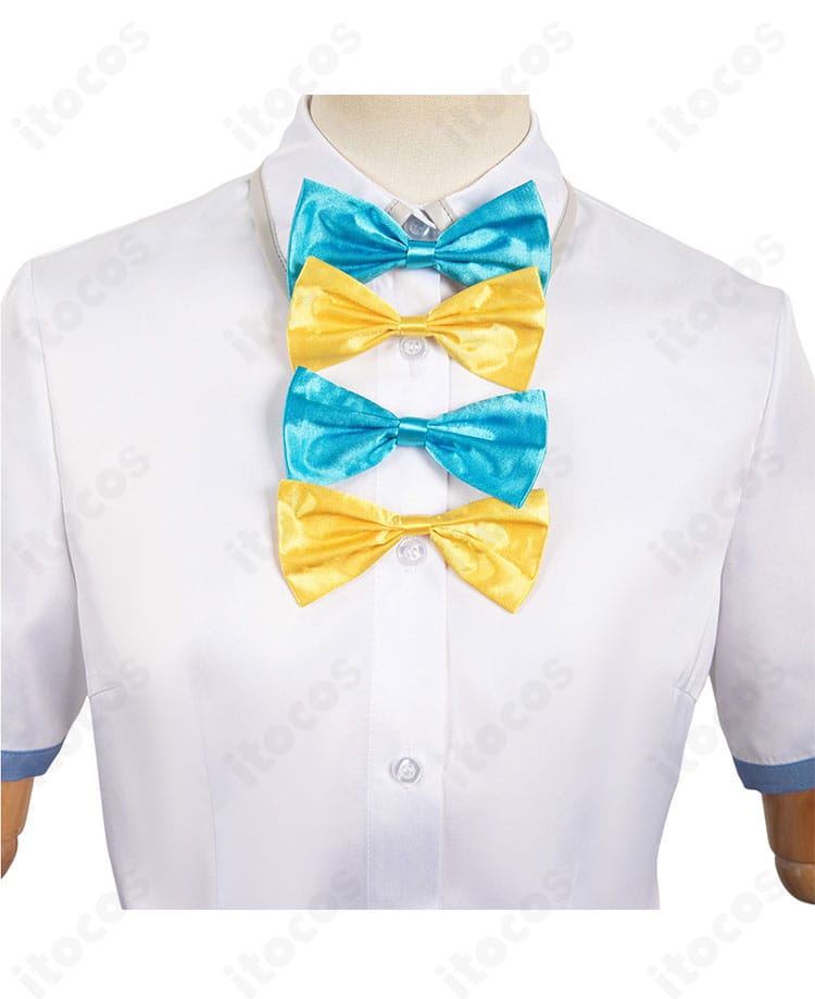 衿まわりのディテール。八奈見杏菜の制服らしいシャツの衿と蝶結びリボンの質感・縫製を強調。