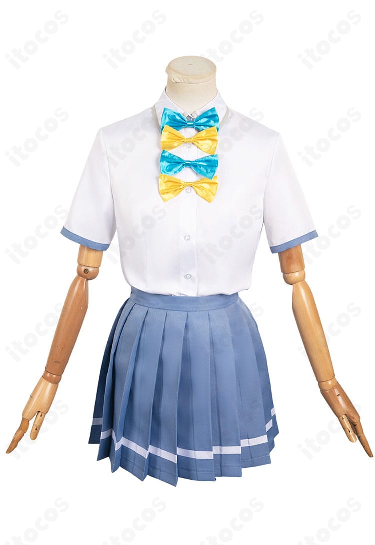 正面全体。八奈見杏菜の学園制服コスプレ衣装のシルエットと配色、リボンまで確認できる画像。