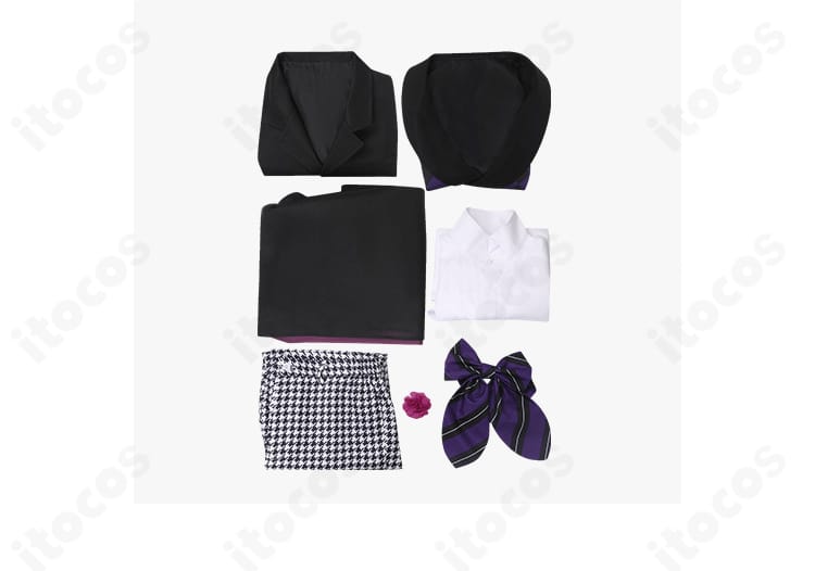 黒執事 グレゴリー・バイオレット 寄宿学校編コスプレ衣装のセット内容一覧。コート・シャツ・ベスト・ズボン・マント・リボン・胸飾り。
