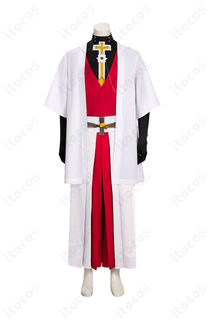 飛鳥＝R♯ コスプレ衣装 正面図。ローブのシルエット、配色、目飾りと手袋のディテールが分かる画像