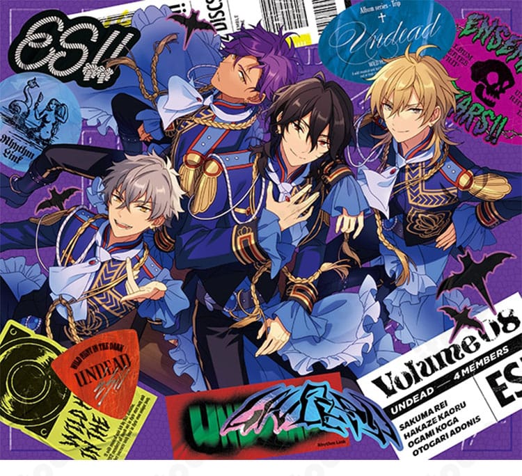 あんさんぶるスターズ！！ UNDEAD『TRIP』衣装を着用した大神晃牙・羽風薫・朔間零のイメージ。コスプレ通販ITOCOSで購入可能なセット内容を示すキャラクター画像。