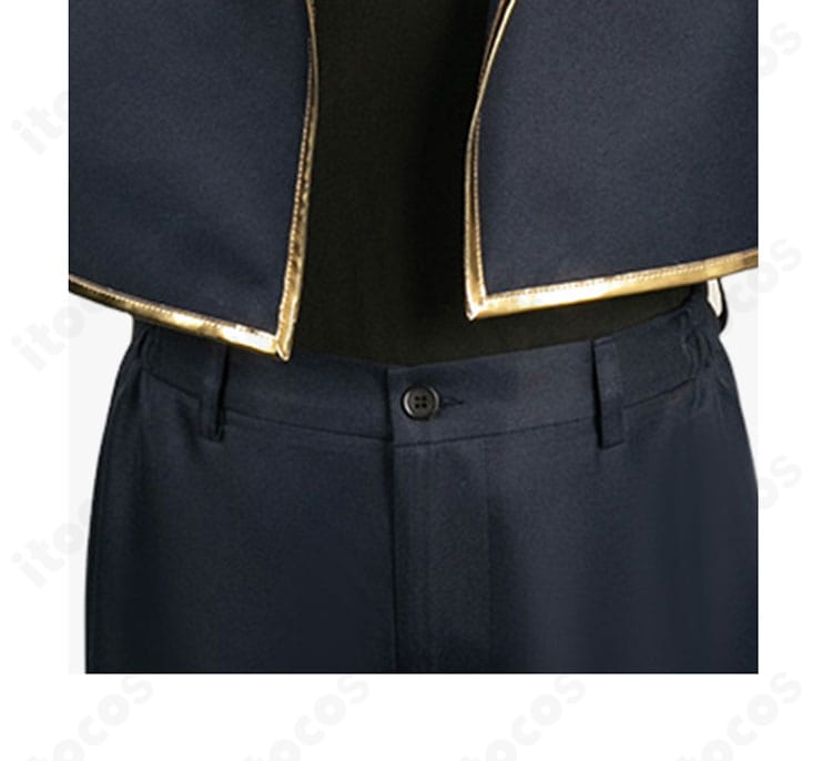 御影玲王 悪魔コスプレ衣装の裾・腰部装飾ディテール。太もも飾りの配置と質感を表現。