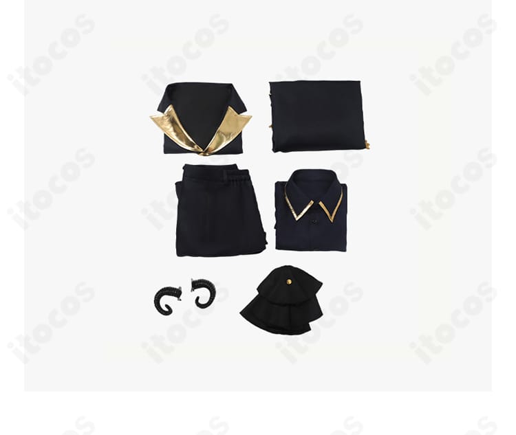 御影玲王 悪魔コスプレ衣装のセット内容一式。コート、ズボン、手袋、インナー、髪飾り、太もも飾り、翼、尻尾。