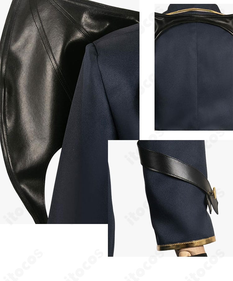 御影玲王 悪魔コスプレ衣装の肩・袖・背面装飾。コートのエッジと装飾のコントラストを強調。