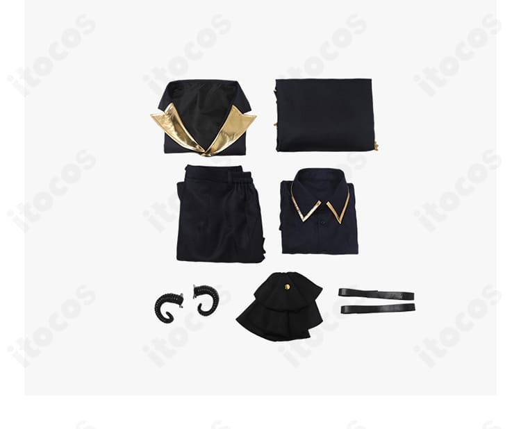 ブルーロック 凪誠士郎 悪魔コスプレ衣装のセット内容一式。コート、シャツ、ベスト、ズボン、スカーフ、太ももベルト、角、翼、尻尾