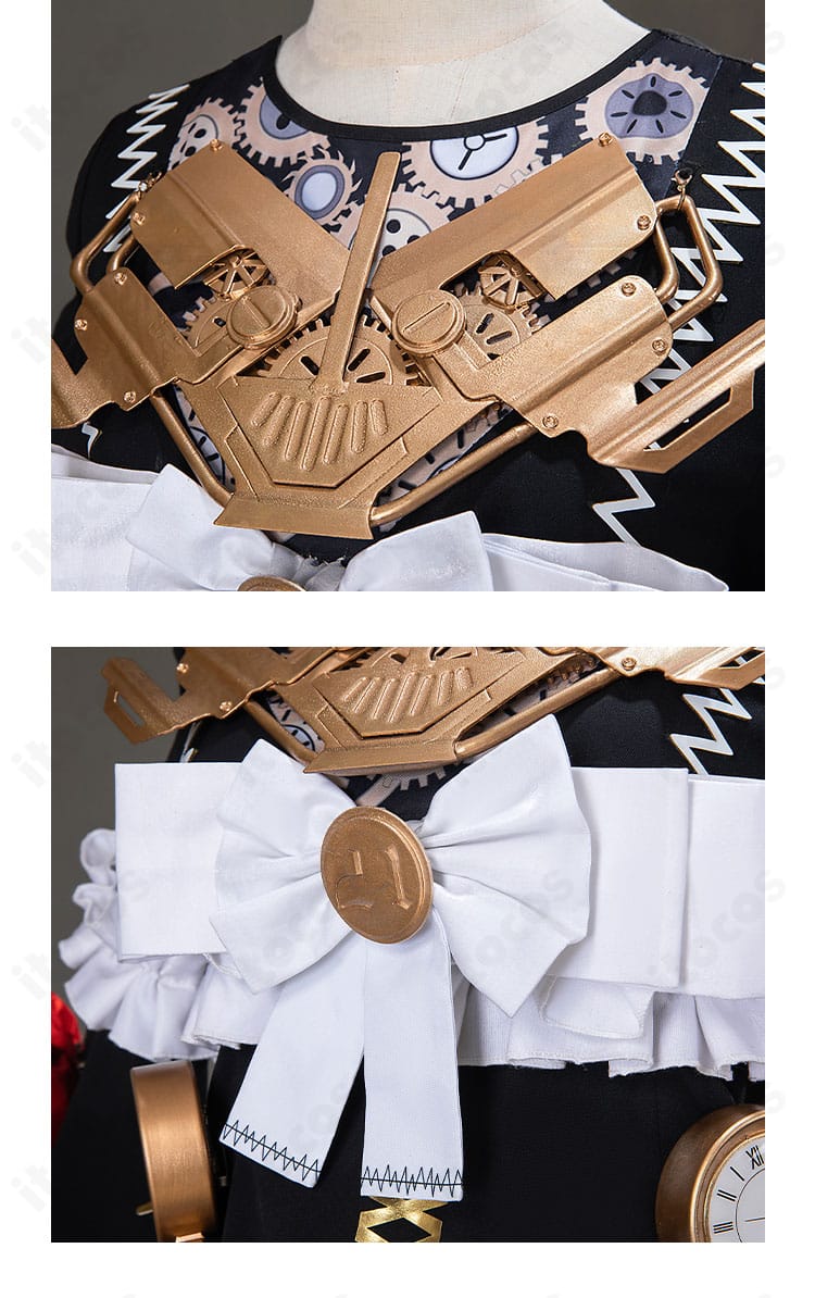 21号・XXI コスプレの前胸ディテール。胸飾りと配色ラインの作り込みを強調したクローズアップ。