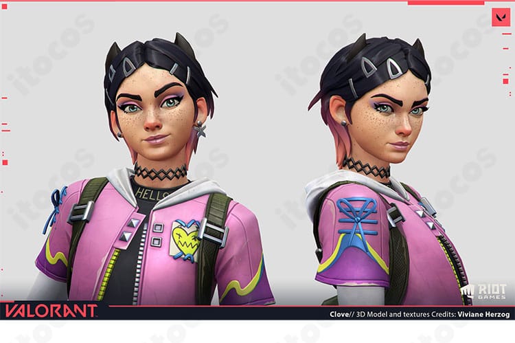 VALORANT クローヴのコスプレ衣装一式を着用したイメージ。タクティカルなコートとギアを忠実再現。