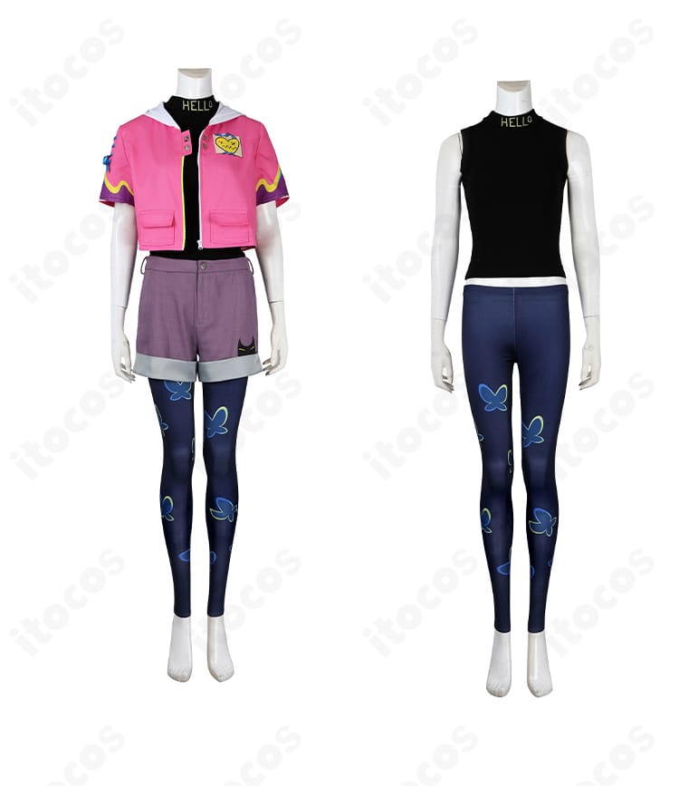 クローヴ衣装のフロントとインナー構成。タンクトップ×ベルト×ショートパンツのレイヤーを再現。