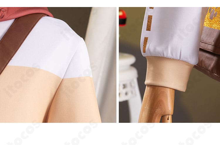 肩と袖の装飾ディテール。配色ラインと縫製の整いをクローズアップ。