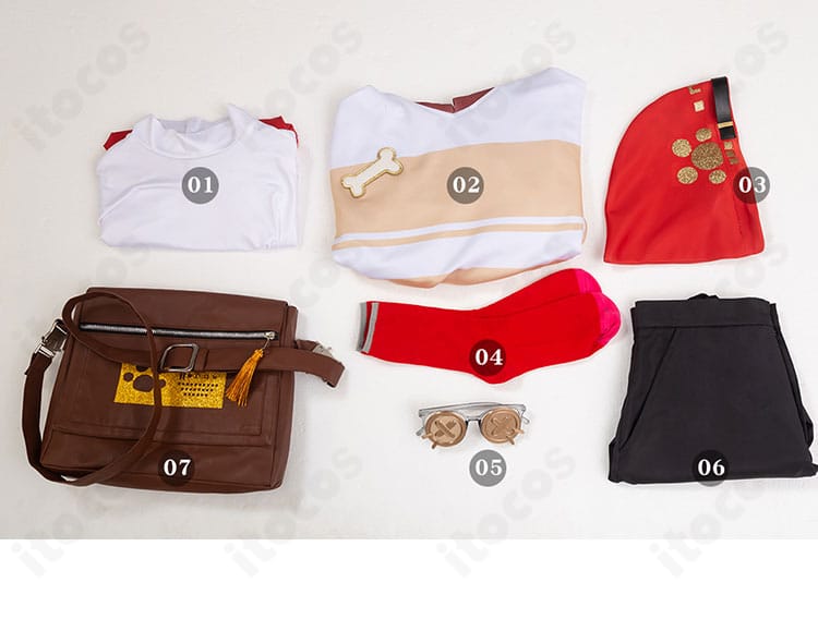 ローソンコラボ衣装のセット内容一式。トップス、インナー、ショートパンツ、帽子、靴下、メガネ、バッグを一覧で表示。