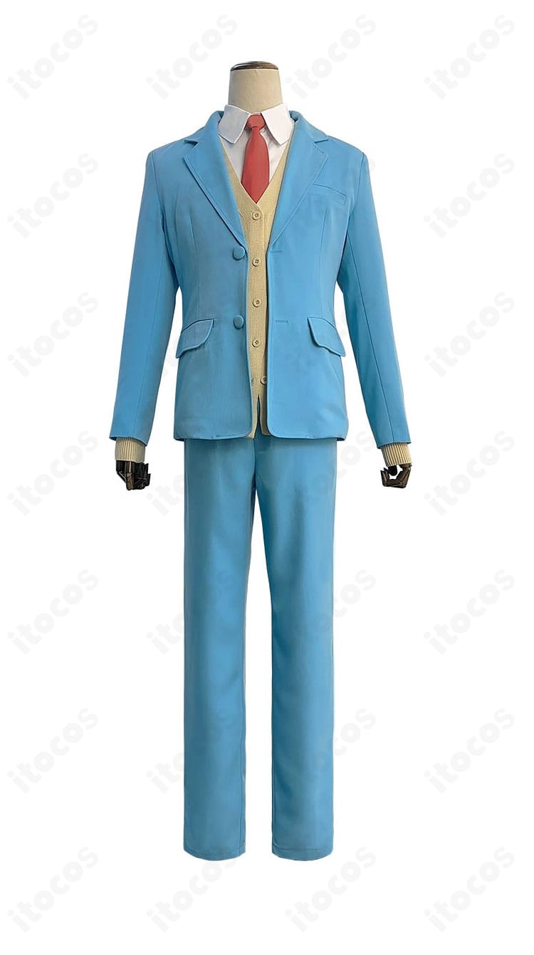 スキップとローファー 志摩聡介コスプレ衣装の正面全身。コート・カーディガン・シャツ・ネクタイ・ズボンのバランスが分かる画像