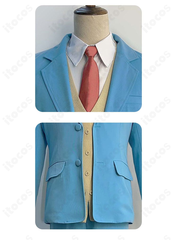 志摩聡介コスプレ衣装の裾と襟の装飾ディテール。コートの縁取りと重ね着の質感を示す近影