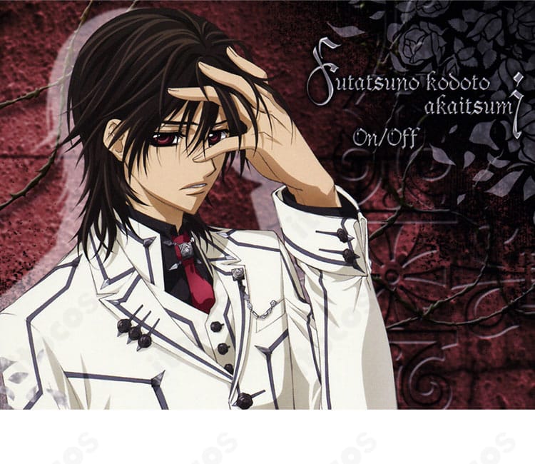 『ヴァンパイア騎士』玖蘭枢の夜間部男子制服コスプレ一式。白地に黒パイピングと赤ネクタイでキャラクターの気品を再現。