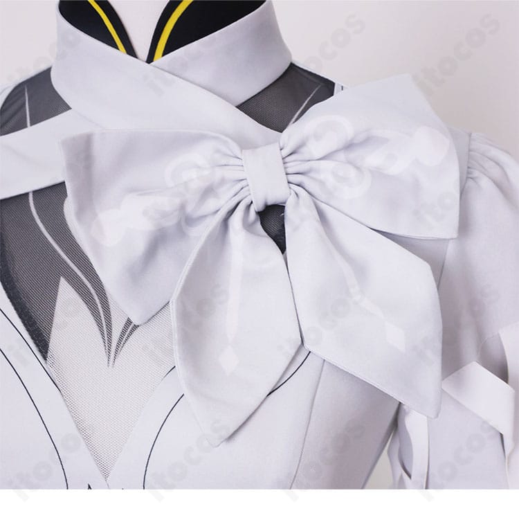 ダリア（コンスタンス）衣装の領結ディテール：形状と中心装飾のクローズアップ